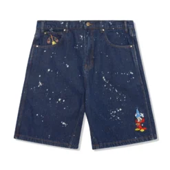 Sorcerer Baggy Denim Shorts, Dark Indigo Bleach Splatter
